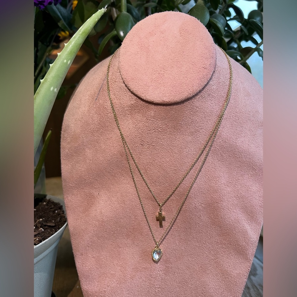 Vintage SAO Gold Filled Cross And Crystal Heart Pendant Necklace